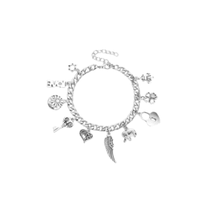 LossTower Vintage Silver Color DIY Elephant Heart Lock Key Bangle Flower Star Wings Fashion Pendant Charm Bracelet for Men Women