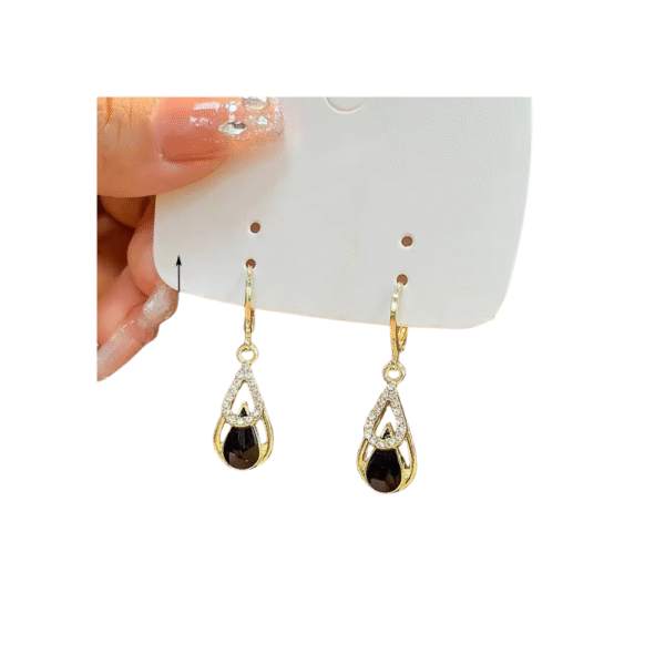 Trendy Rhinestones Black Enamel Oil Water Drop Dangle Earrings for Women Party Golden Color Hollow Out Round Hoop Jewelry Gift