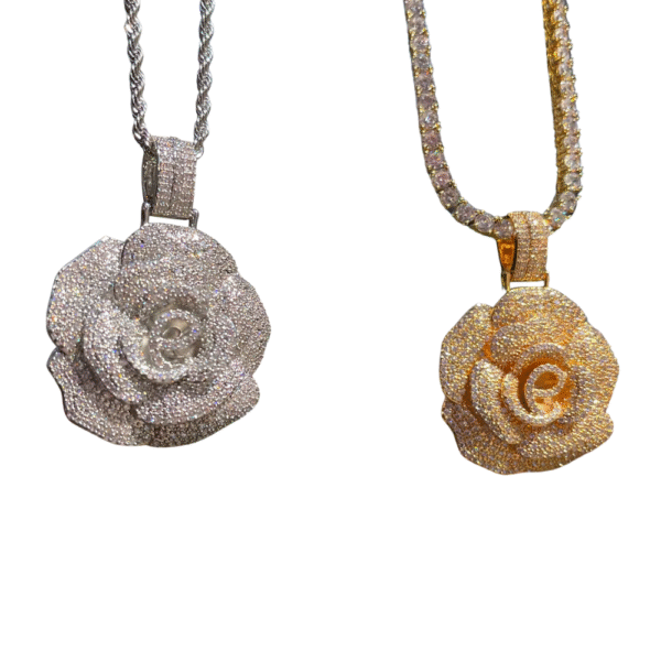 Bubble Letter Iced Out Pendant Rose Flower Necklace for Women Hip Hop Charms Cubic Zircon Fashion Jewery Gold Color