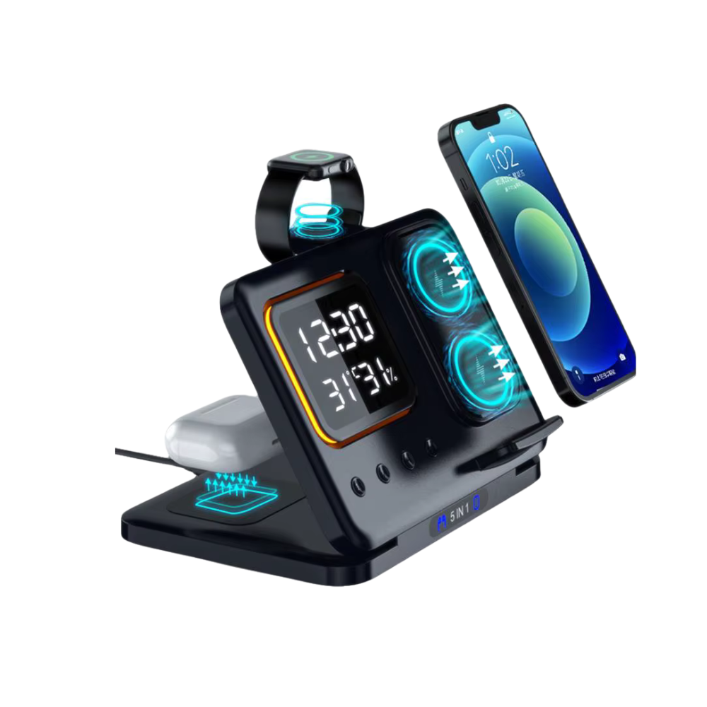15W Wireless Charging Station Electronic Clock Thermometer Multi-functional Charger For IPhone SamsungXiaomi Smartphone Watch