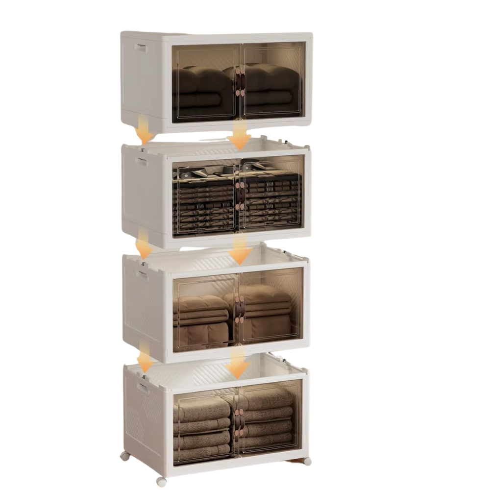 Folding Storage Bins Organizer, Collapsible Storage Boxes with Wheels and Door, Stackble Plastic Storage Container for Clothing
