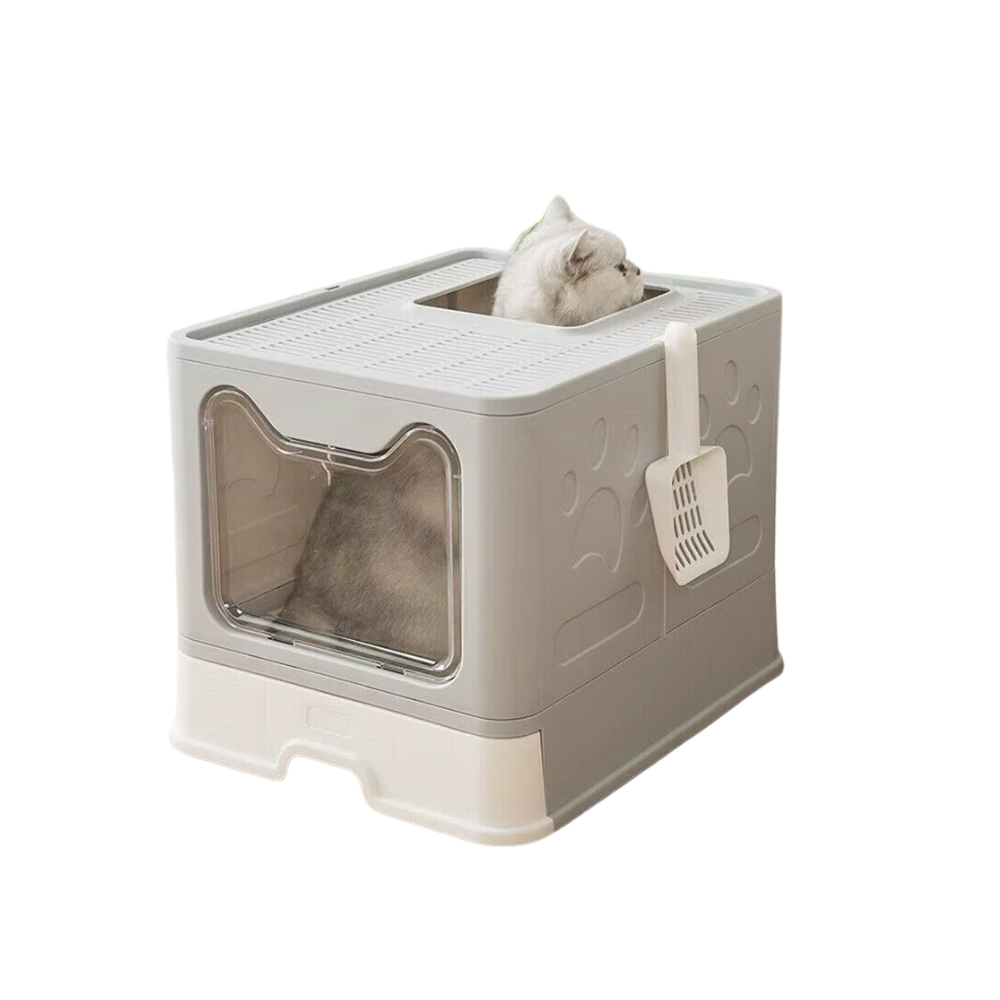 Front Entry Top Exit Cat Litter Tray Box with Scoop and Drawer Foldable Hooded Kitty Pet Toilet Extra Large