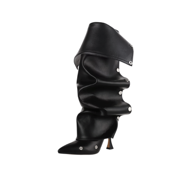 GIGIFOX Knee High Fold Over Boots For Women Stiletto High Heels Pointed Toe Back Zipper Shoes Adjustable Buckle Mid-calf Boots