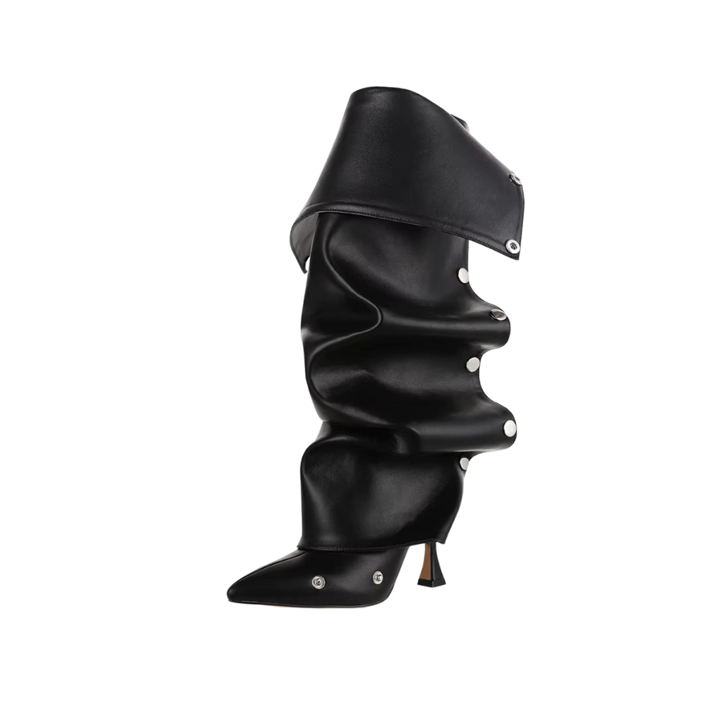 GIGIFOX Knee High Fold Over Boots For Women Stiletto High Heels Pointed Toe Back Zipper Shoes Adjustable Buckle Mid-calf Boots