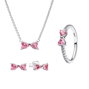 Original 925 Sterling Silver Zircon Pink Shining Bow Set Ring Earrings Bracelets Necklace Original DIY Women Fine Jewelry Gift