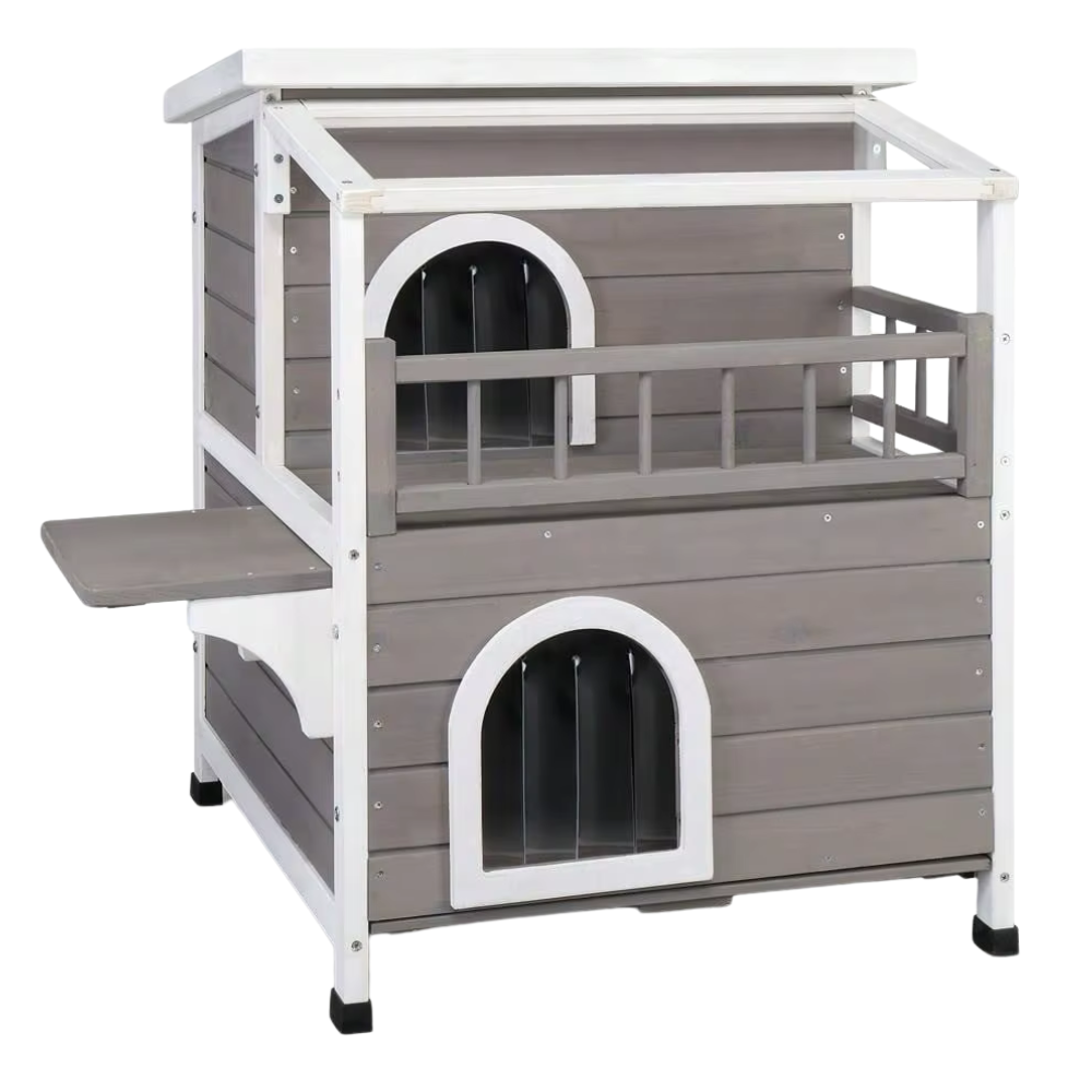 Outdoor Wood 2-Floor Cat Condo Pet House Kitty Shelter With Stairs Balcony