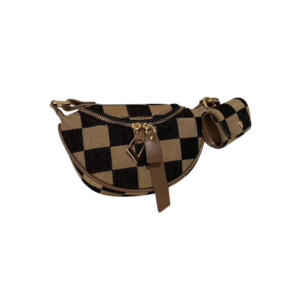 Women Men Canvas Shoulder Bag Adjustable Strap Fanny Pack Checkerboard Bum Bag with Zipper Chest Bag for Shopping Travel
