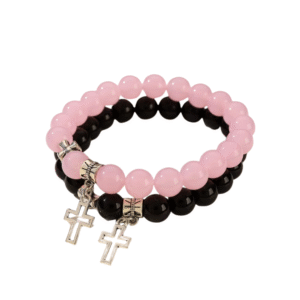 2Pcs/Set Pink Crystal Beads Bracelet Couple Lovers Natural Stone Cross Bracelets for Women Men Fashion Wedding Jewelry Gift