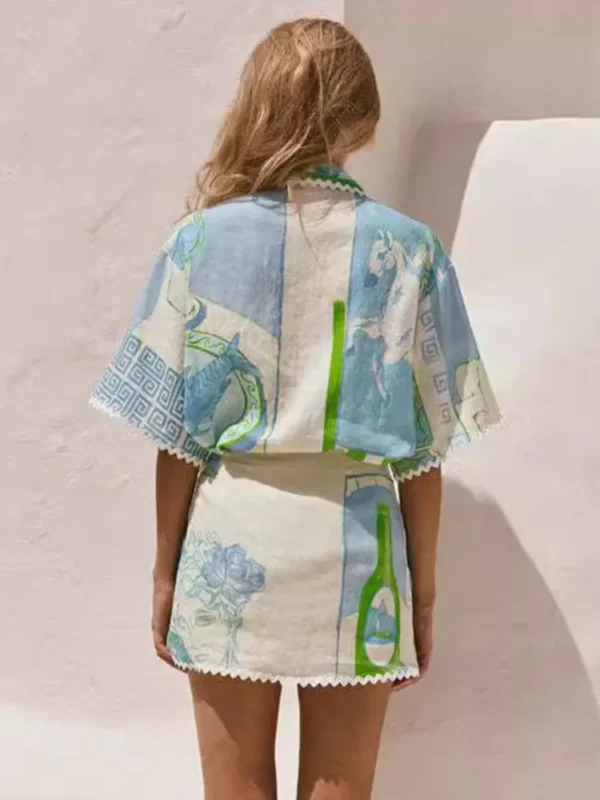 Fashion Printed Ruffle 2 Piece Set Women Summer Casual Patchwork Holiday Trendy Pocket Button Tops And Mini Skirt Two Piece Sets - Image 3