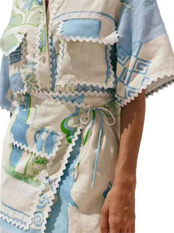 Fashion Printed Ruffle 2 Piece Set Women Summer Casual Patchwork Holiday Trendy Pocket Button Tops And Mini Skirt Two Piece Sets - Image 5