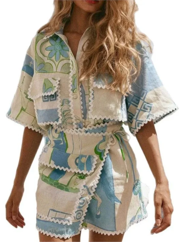 Fashion Printed Ruffle 2 Piece Set Women Summer Casual Patchwork Holiday Trendy Pocket Button Tops And Mini Skirt Two Piece Sets - Image 6