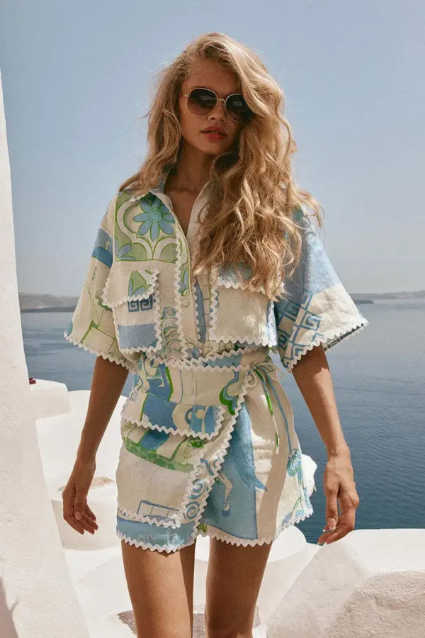 Fashion Printed Ruffle 2 Piece Set Women Summer Casual Patchwork Holiday Trendy Pocket Button Tops And Mini Skirt Two Piece Sets - Image 11