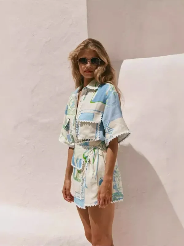 Fashion Printed Ruffle 2 Piece Set Women Summer Casual Patchwork Holiday Trendy Pocket Button Tops And Mini Skirt Two Piece Sets - Image 2
